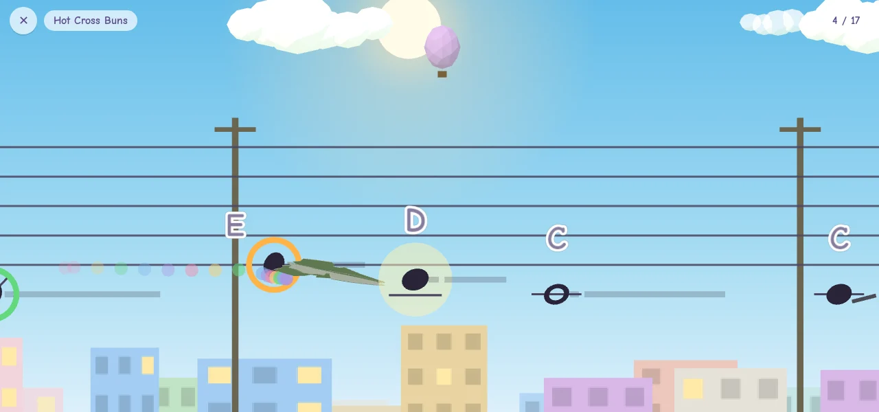 Jetten gameplay: a paper plane flying through notes on a musical staff above a colorful city