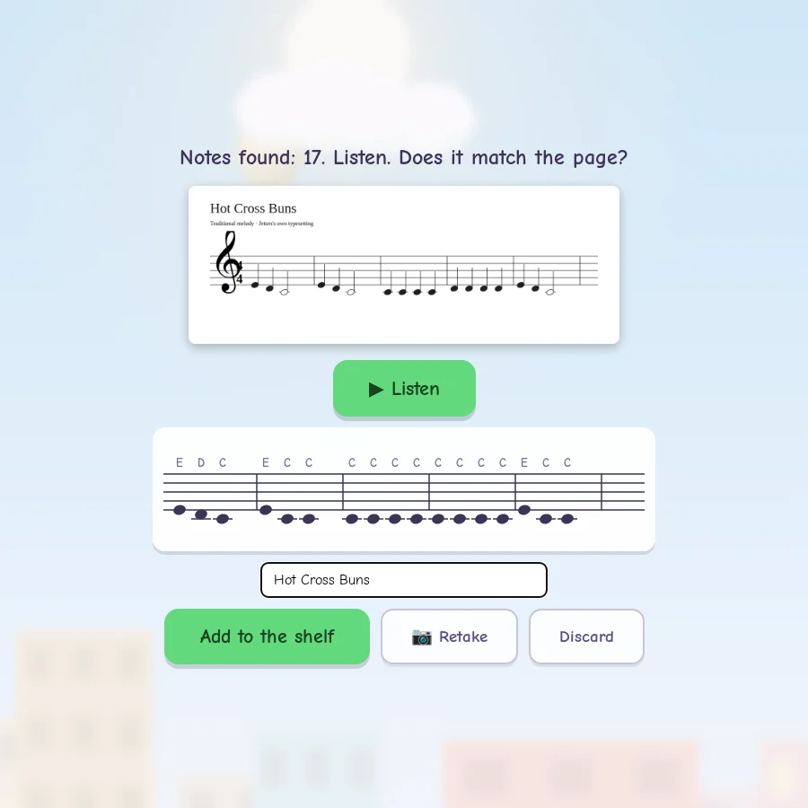 Parent verification screen showing a photographed beginner score alongside recognized notes